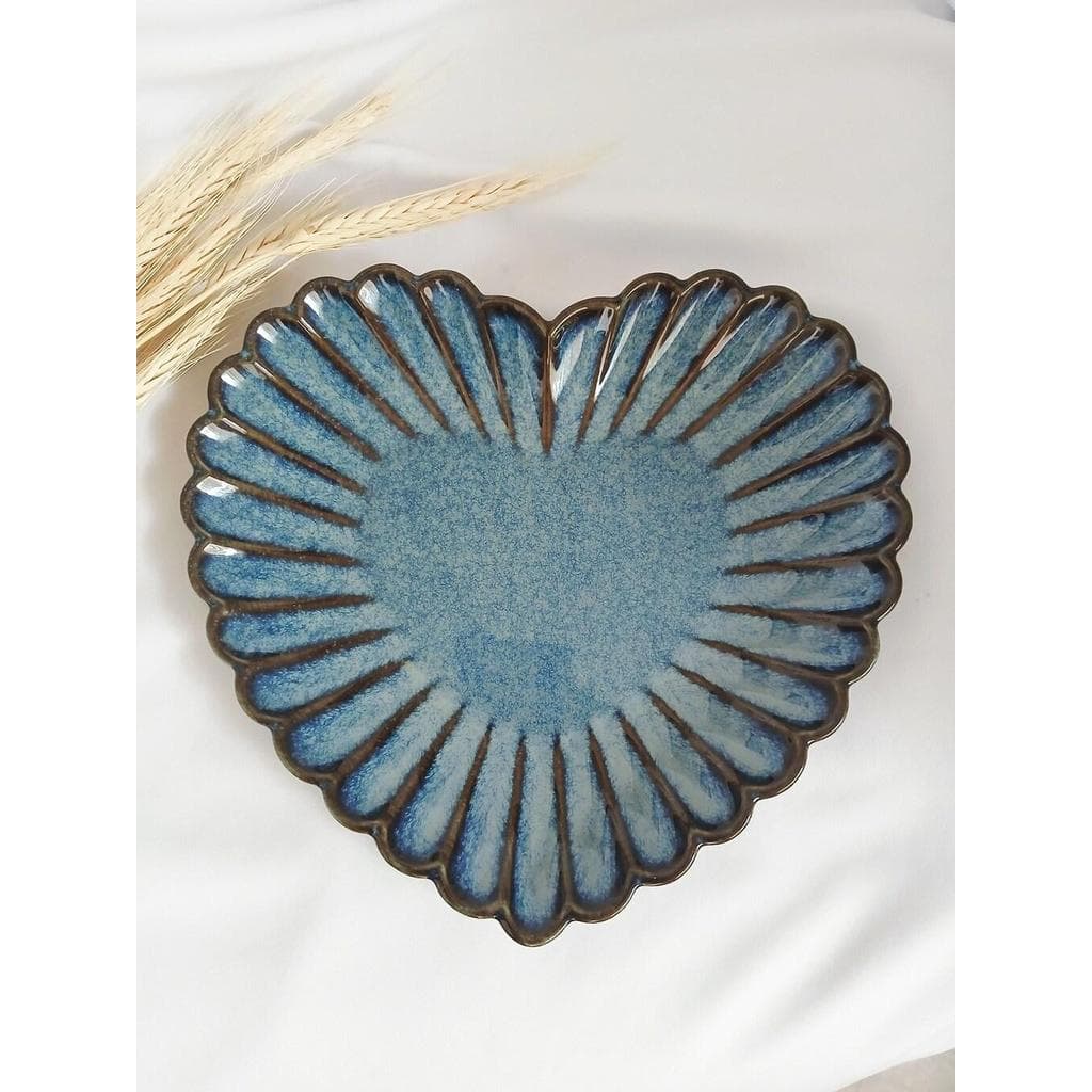 Petisqueira de Porcelana Coração Azul Rústico Borda Marrom Mesa Posta Bowl  Decorativo