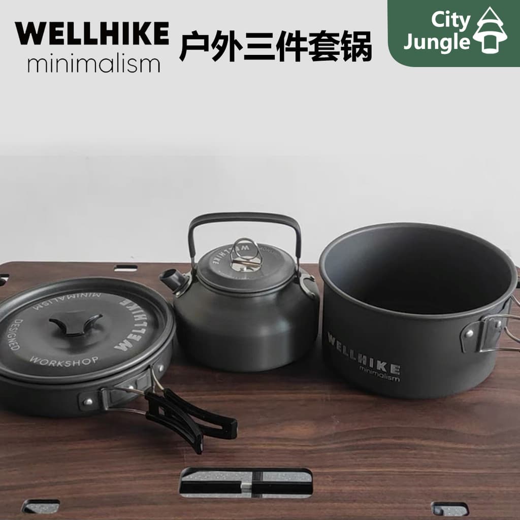 Wellhike exportado para o Japão Acampamento ao ar livre 3 chaleira frigideira conjunto de panelas conjunto de três peças