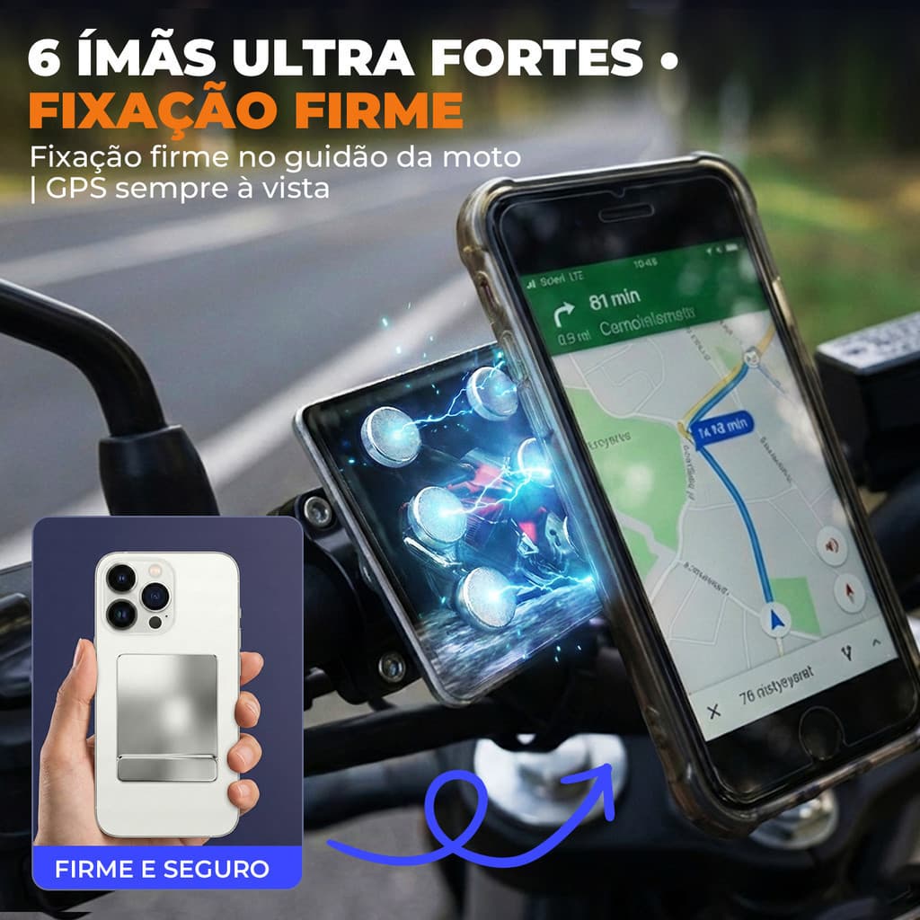 Suporte de Celular Magnético Para Moto Imã Blindado Ultra Forte, Fixação Segura Universal p/ Motoboy e Viagens Longas