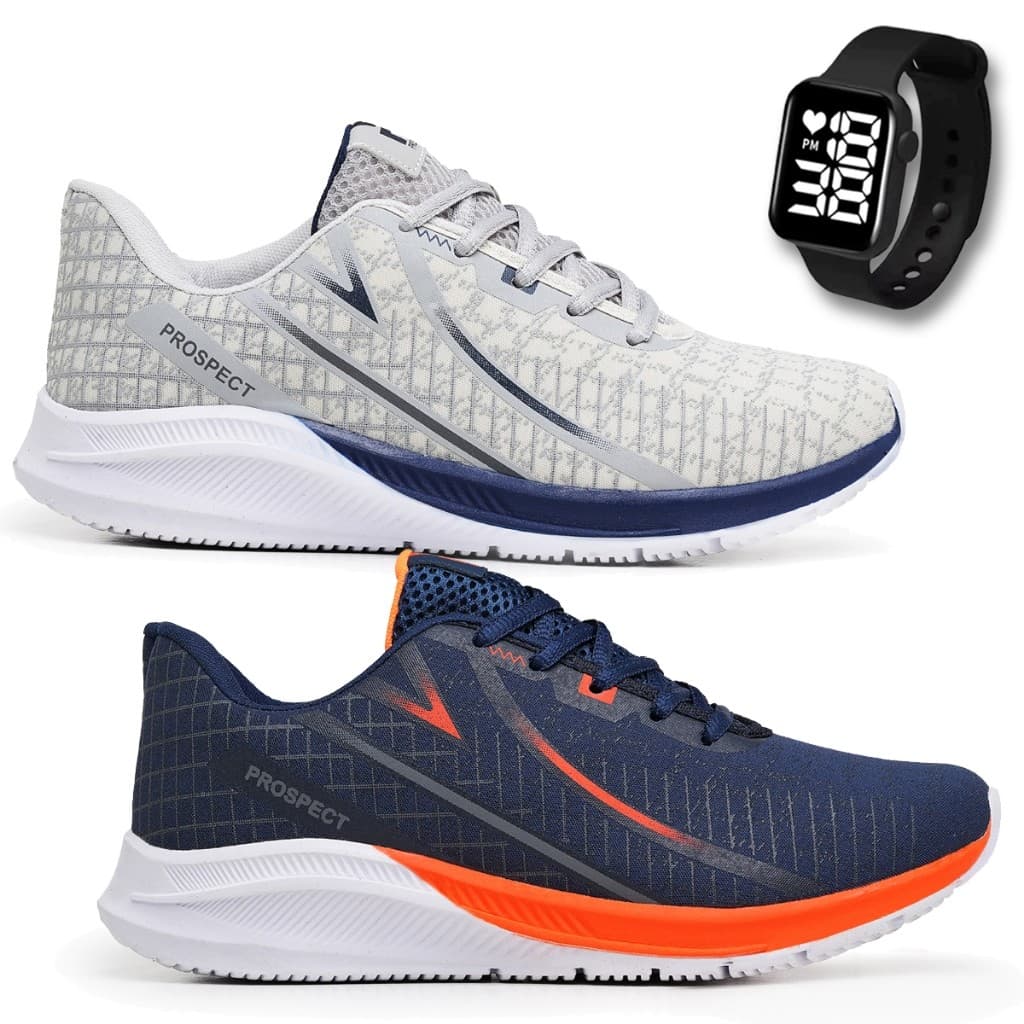 Kit 2 Tênis Masculino Prospect Spark Caminhada Academia Corrida + Relógio Led