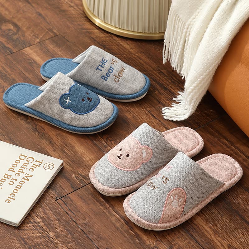 Chinelos de sola de algodão dos desenhos animados inverno masculino tecido de linho silencioso interior uso doméstico so
