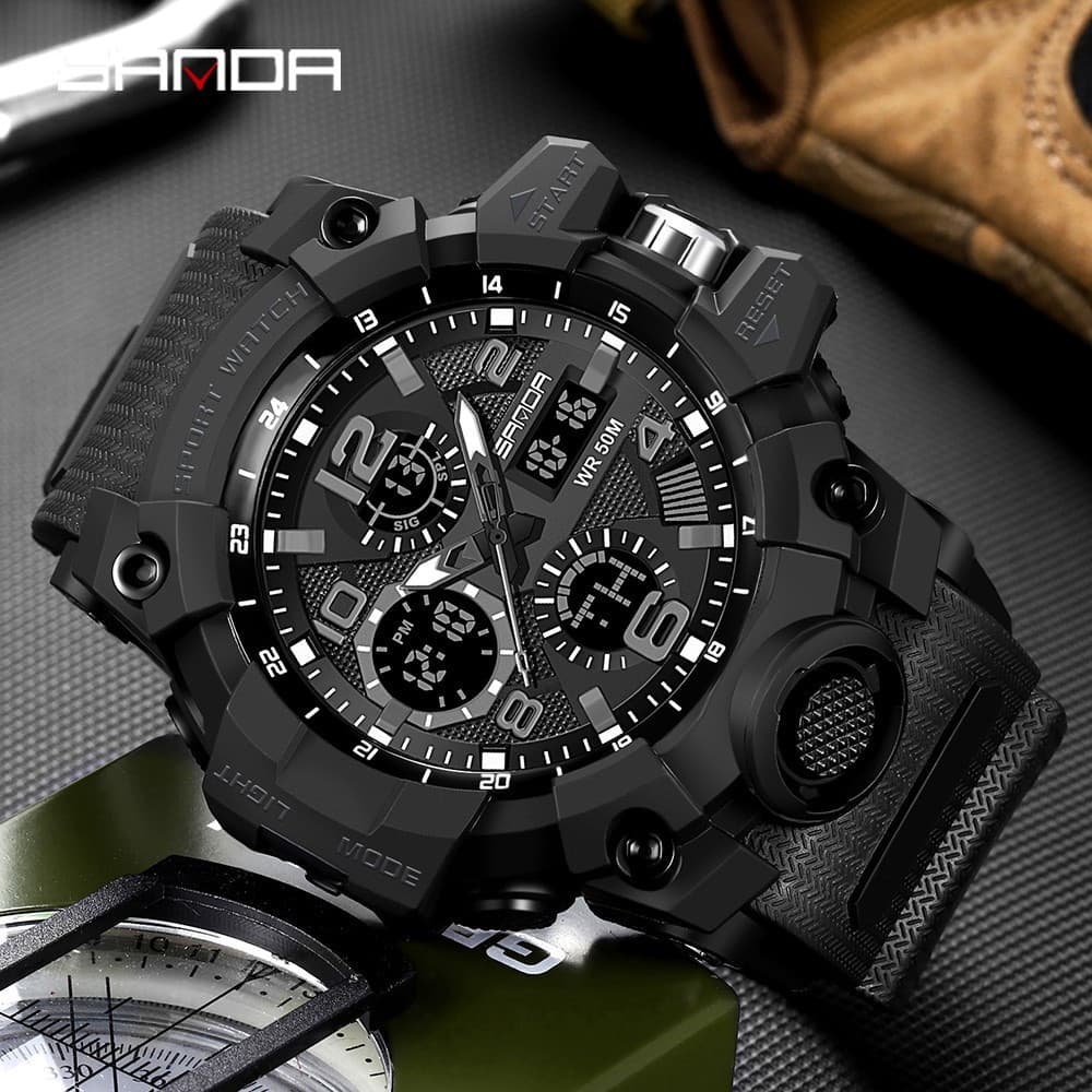 Relógios esportivos masculinos de luxo marca top SANDA à prova d 'água de exibição dupla relógio militar casual masculin