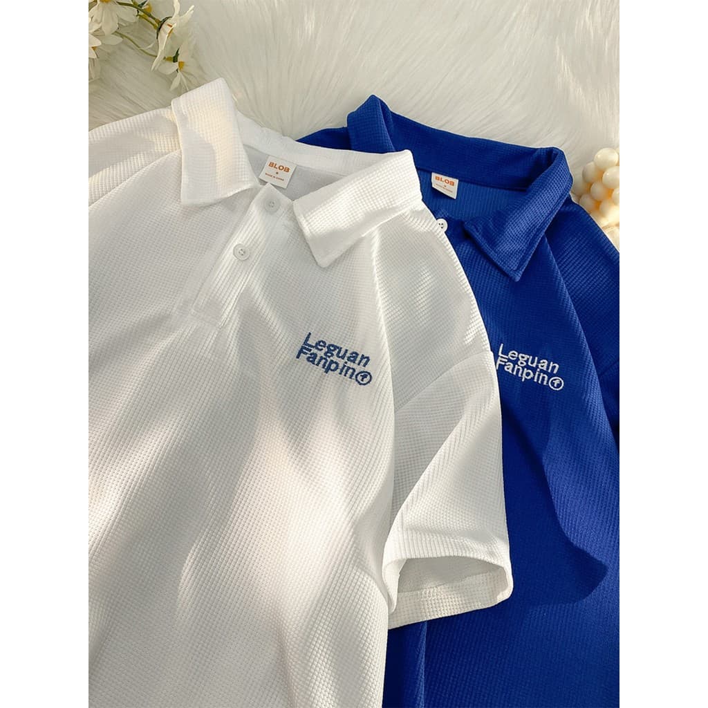 Waffle bordado camisa polo masculina de manga curta estilo Hong Kong lapela solta camiseta verão na moda Casual meia man