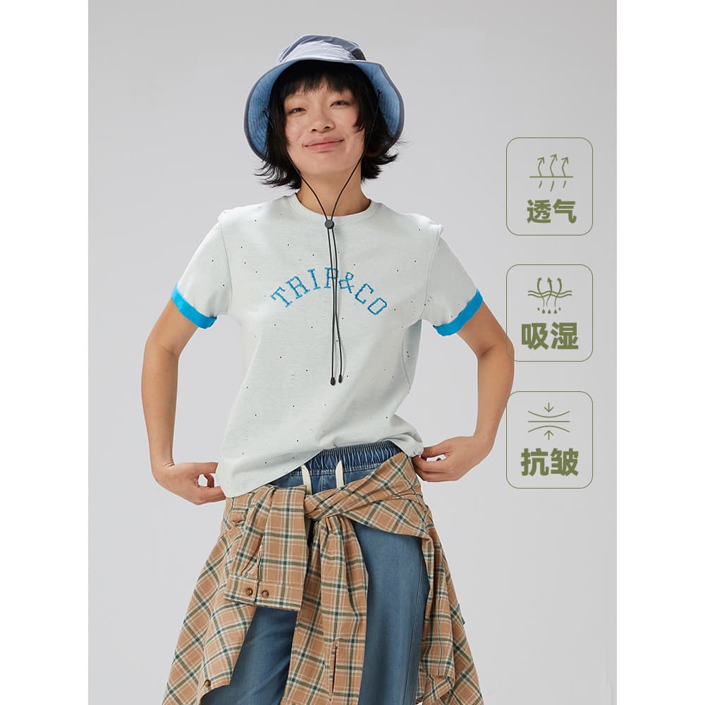 T TRIP & CO Camiseta feminina absorvente de umidade respirável esportiva de manga curta primavera verão ao ar livre cont