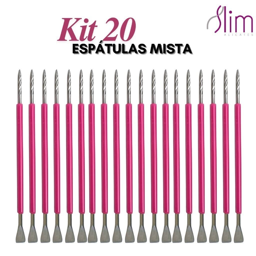 Kit 20 Espátulas Slim -  Bastão Mista Unha Inox ROSA Com Silicone Cutelaria Manicure