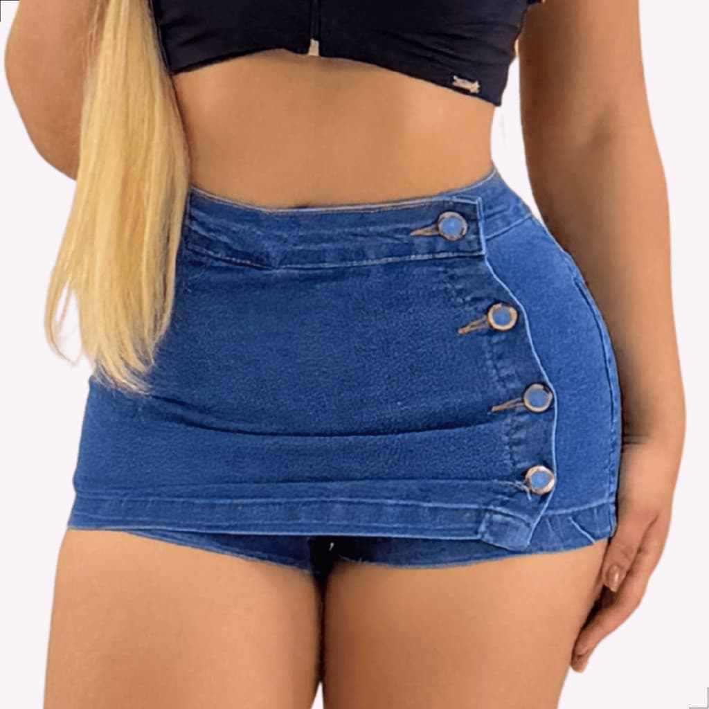 Short Jeans Feminino Sky Cintura Alta Com Botões e Zíper Interno Modelador - Universo Fitness 👑