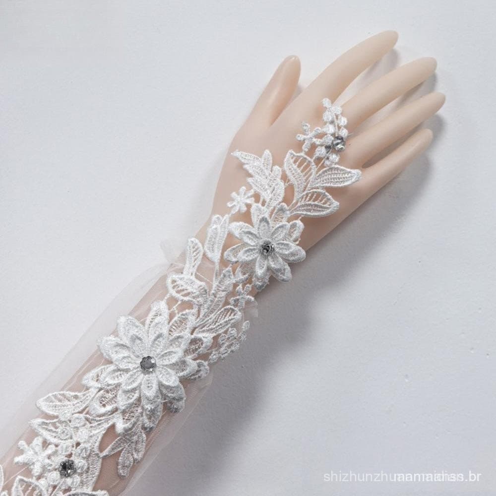 Luvas de Casamento HNANC Longas de Renda Bordadas Luvas de Banquete de Casamento Diamante Oco