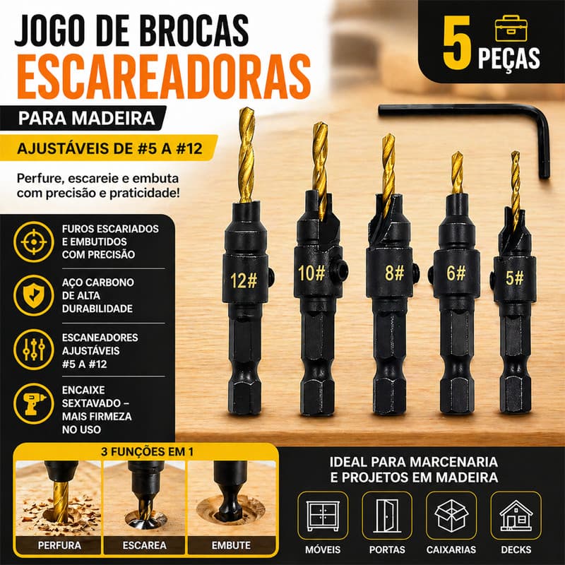 Jogo de Brocas Escareadoras para Madeira 5 Peças Ajustáveis #5 a 12 Alta Durabilidade Marcenaria