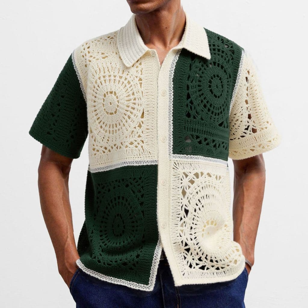Nicho francês masculino All-Match malhas moda cor combinando mão crochê oco camisa POLO de manga curta SY010920251207