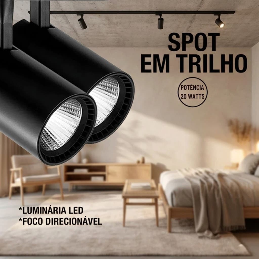 Kit 2 Spots LED de Trilho Eletrificado Preto 20W Luz Branco Quente Interno Bivolt