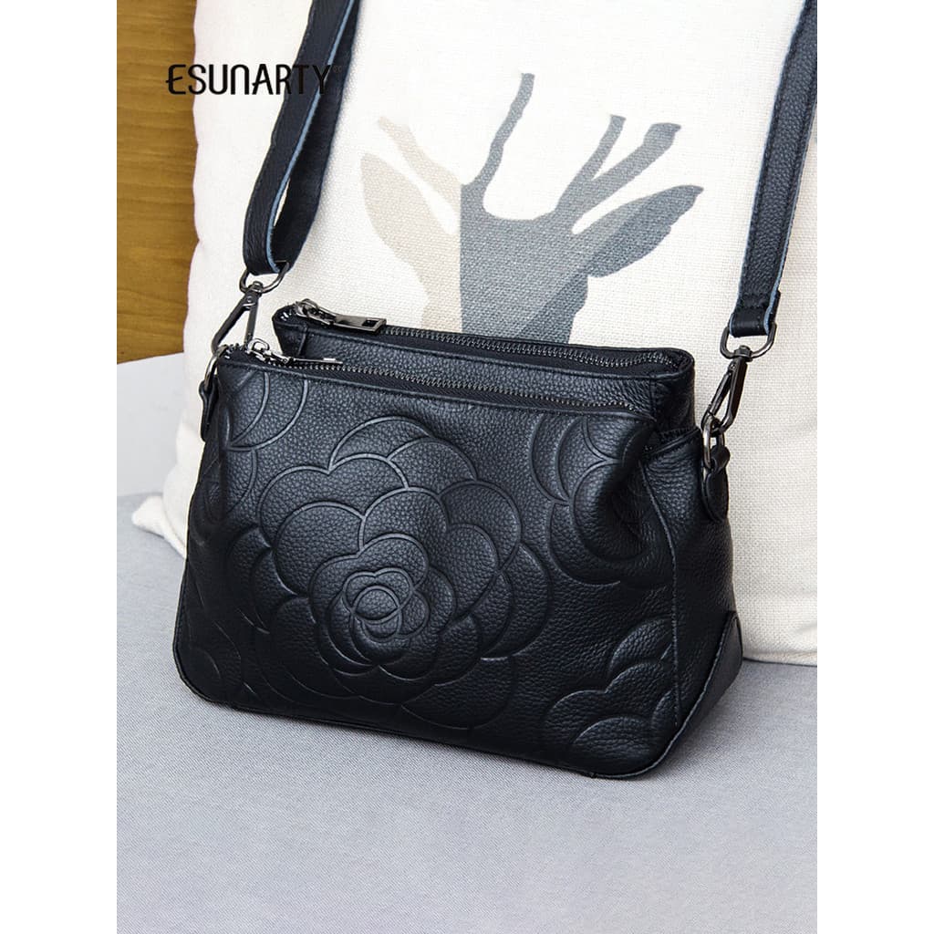 Bolsa mensageiro feminina 2026 novo estilo couro genuíno primeira camada de couro Multi-compartimento camélia meio-A