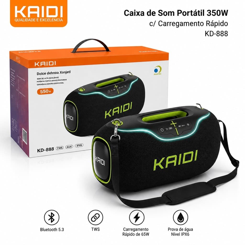 Kaidi KD-888 Caixa de Som 350W RMS | IPX6 À Prova d’Água | Graves Potentes | Melhor Caixa Bluetooth do Momento