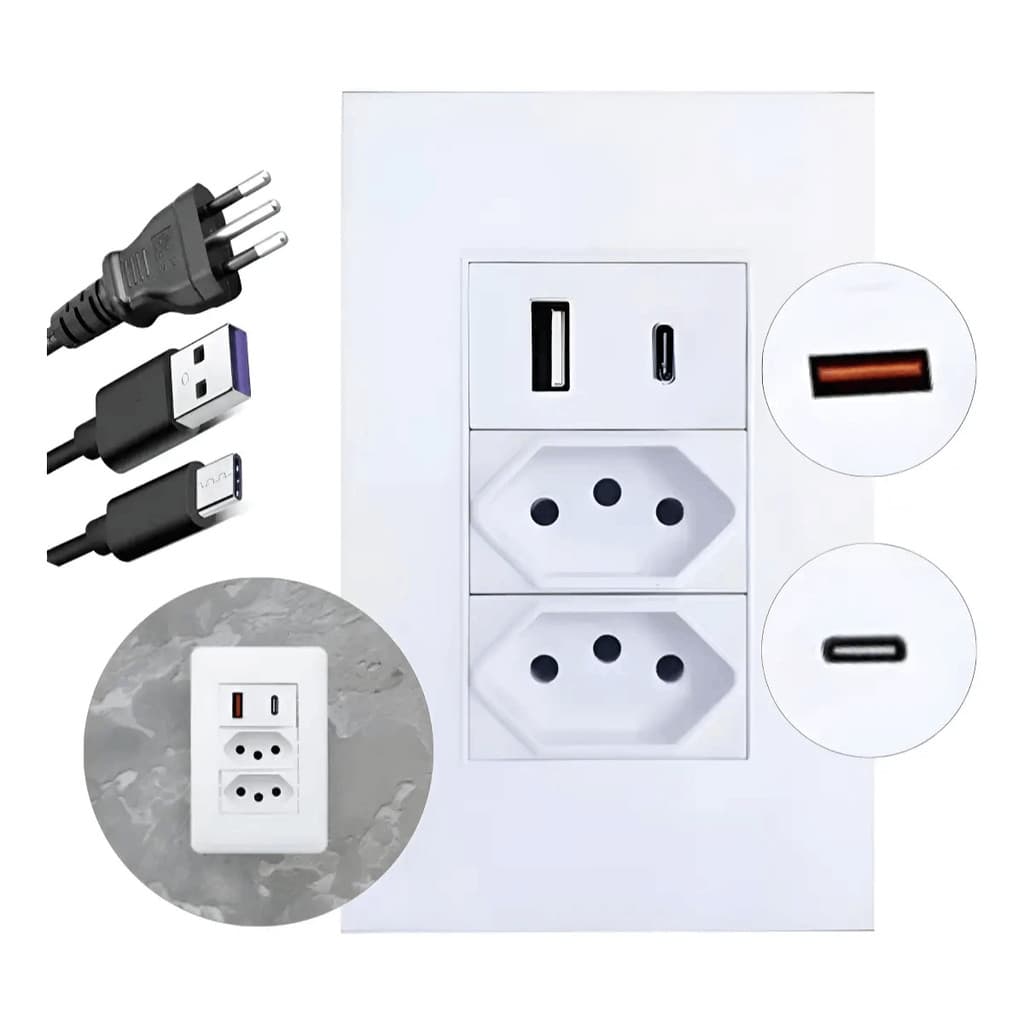 Tomada de Parede 10A com USB e Tipo C 2 Tomadas Proteção de Sobrecarga e Curto-Circuito