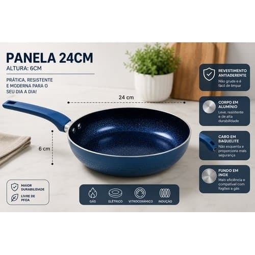 Frigideira Ceramica Antiaderente 24cm Revestimento Duravel Facil Limpeza Azul
