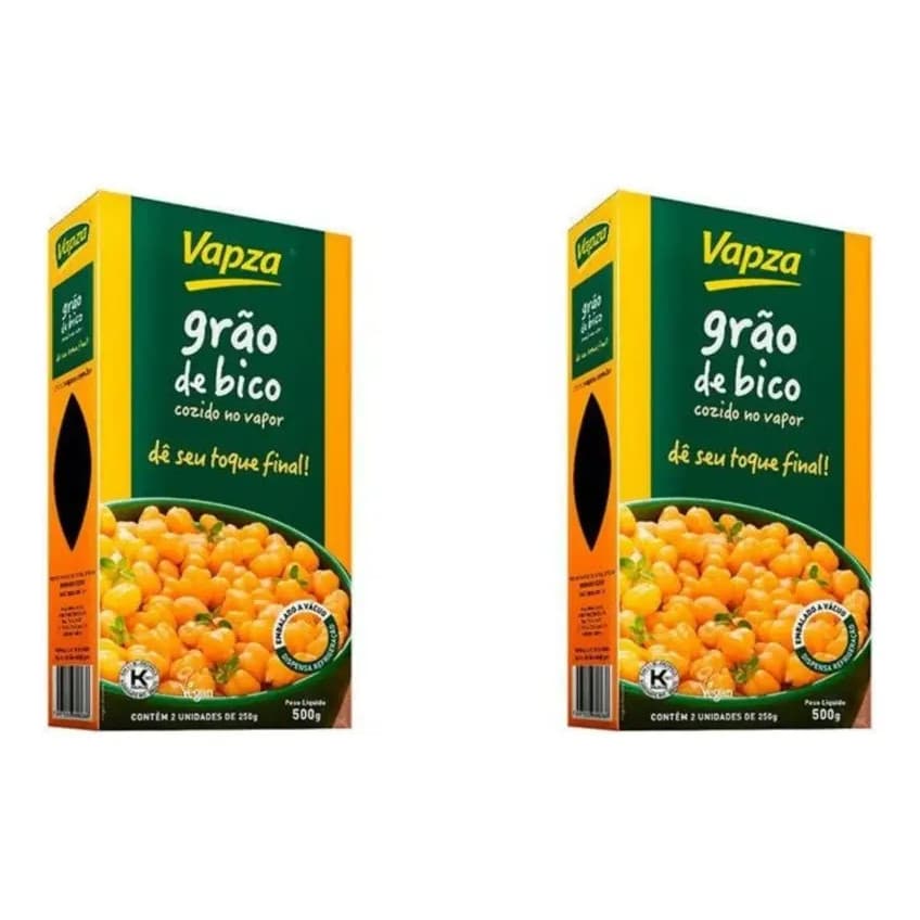 Kit 1 Kg Grão De Bico Cozido No Vapor Vapza - 2 Caixas 500 G Cada, praticidade, rapidez, limpeza, só esquentar tá pronto