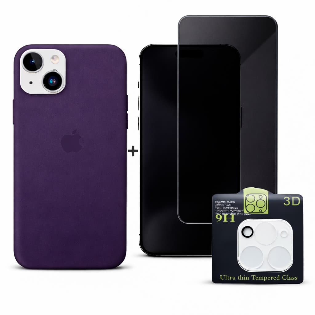 Kit 3em1 Case Silicone Colorida iPhone 11 12 13 14 15 16 + Película Vidro Privacidade + Lente Câmera - Kit Premium