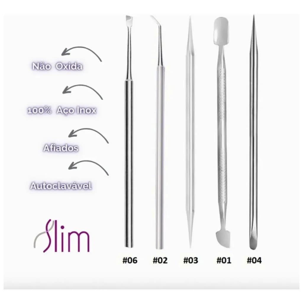 Kit Manicure Profissional 5 Itens - Espátulas Palitos - Aço Inox - Pedicure E Podologia Slim