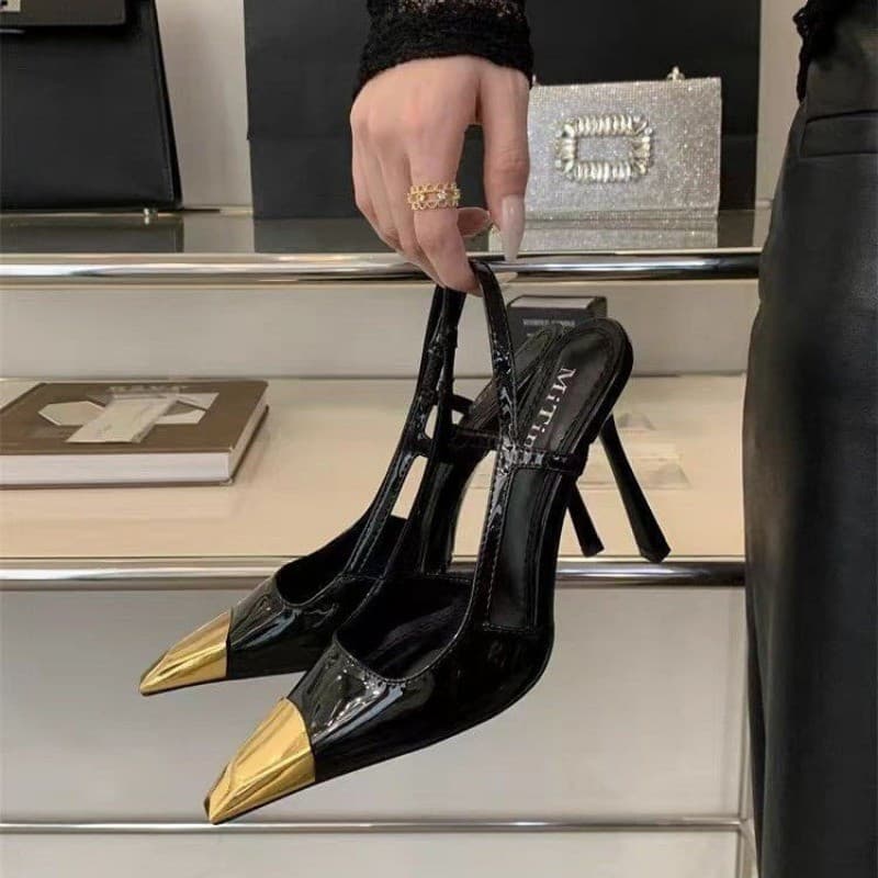 Sandálias de Salto Alto Femininas 2026, Novo Estilo de Verão, Bico Quadrado Metálico, Couro Sintético Preto, Sapatos Sex