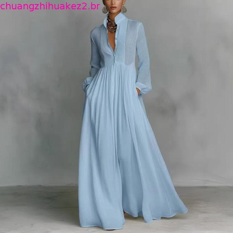 Coleção de temperamento de aparência longa cor sólida estilo férias saia vestido novo estilo plissado cintura fina estil