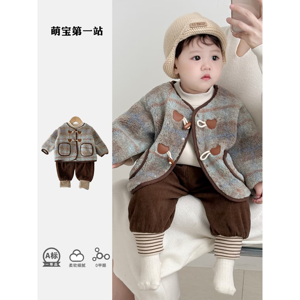 Bebê menino bebê outono inverno terno de um ano de idade moda forro de lã dividido três peças roupas de passeio inverno