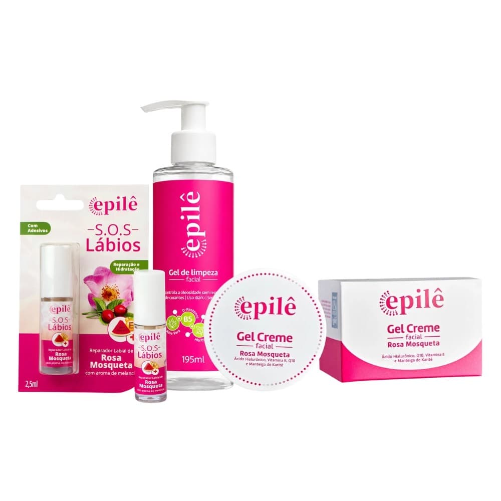 Kit Gel de Limpeza, Gel Creme Facial e Reparador Labial Rosa Mosqueta Epilê