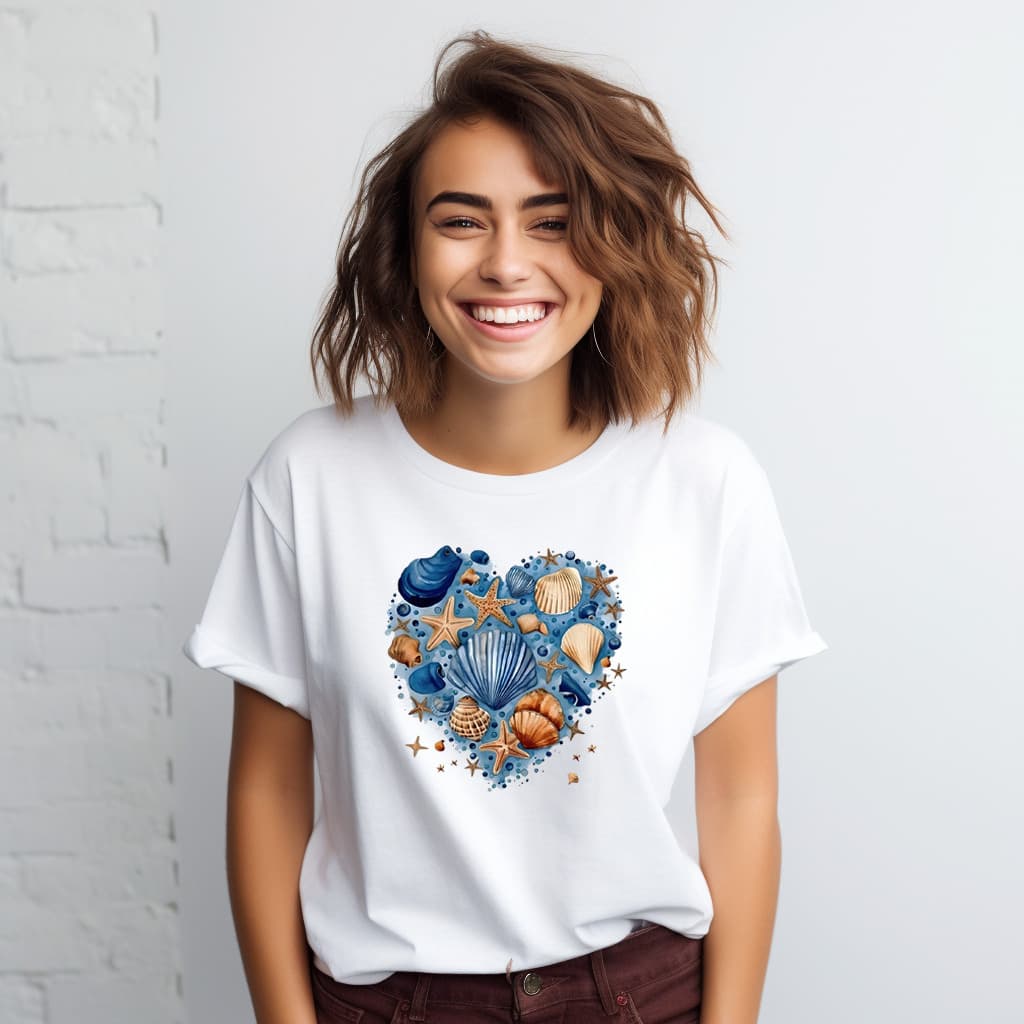 Camiseta Feminina Estampa Coração Fundo Mar Concha Estrela