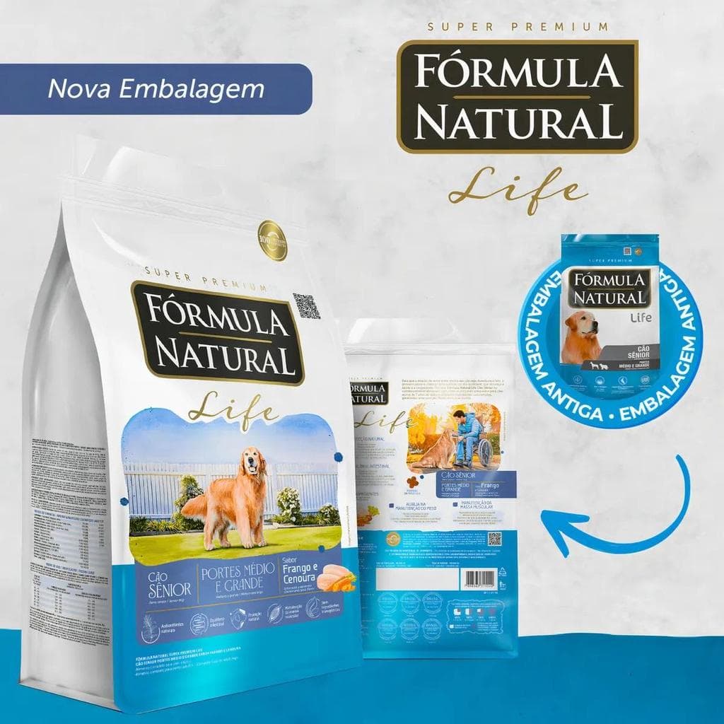 Ração Fórmula Natural Life Cães Sênior Médio E Grande 15kg +7 Anos Articulação Sem Transgênicos