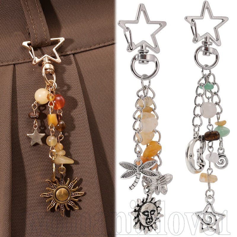 Chaveiro Sol E Lua Com Fivela Estrela-Acessórios Decorativos Para Mochila-Porta-Chaves Pingente De Contas De Liga-Presen