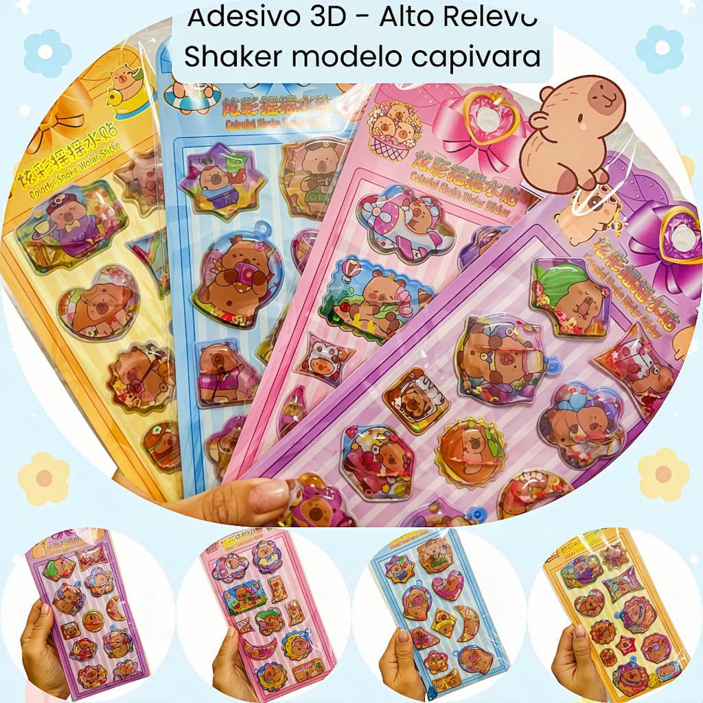 Cartelas Adesivo 3D Shaker Capivara – Alto Relevo com Água/Capivara Kawaii para Planner e DIY