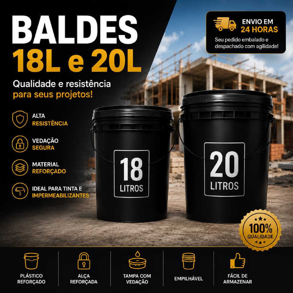 Balde Plástico Preto Liso 20 e 18 Litros - Multiuso Com Tampa e Alça Reforçada Tinta Limpeza Obra