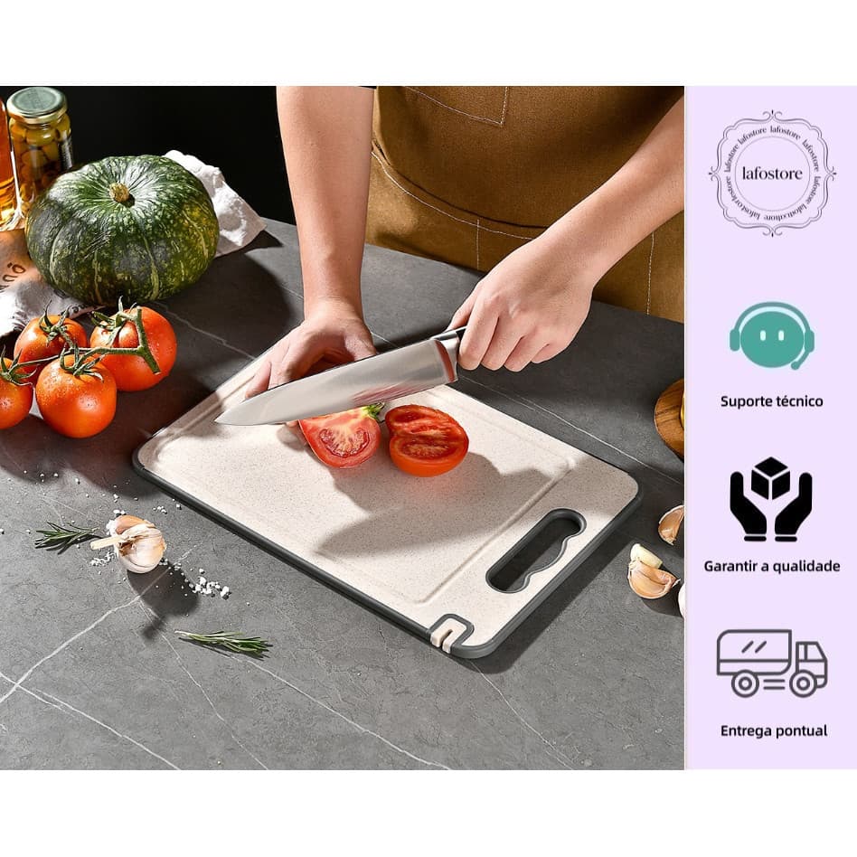 Tábua de Corte Cortar Carne Placa Dupla Face Higiênica em Aço Inox e PP com Afiador e Alça
