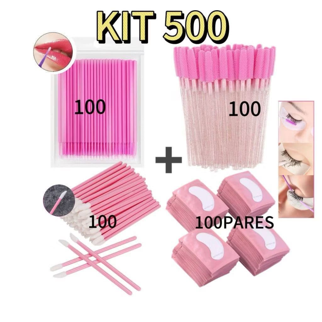 Kit - 100 Escovinhas + 100 Microbrush + 100 Aplicador +KIT 100 Pares de Gel Pads (200 Unidades) de Batom Alongamento