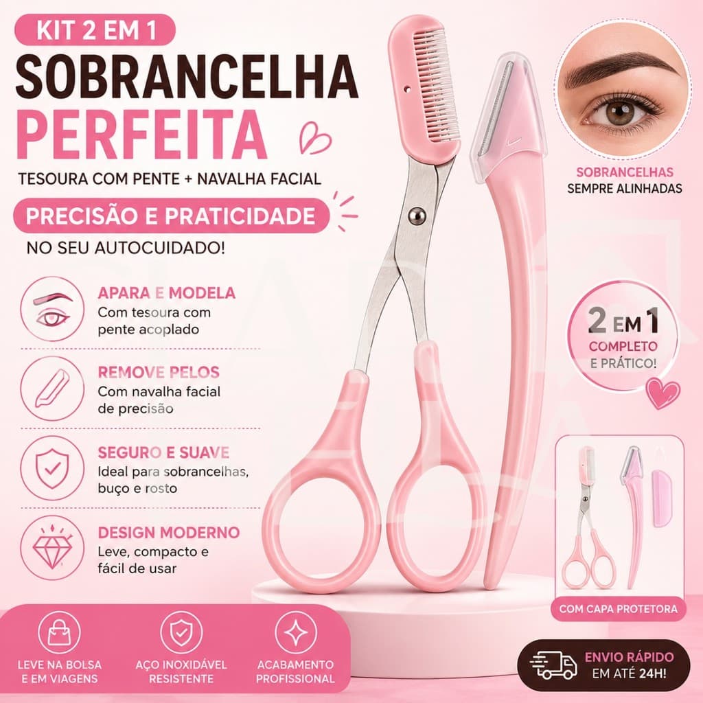 Kit Sobrancelha Navalha Facial + Tesoura Com Pente Aparador Removedor Pelos Buço Depilação Facial