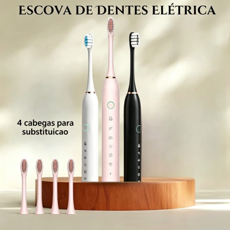 Escova Elétrica Sônica 6 Modos + 4 Refis: Clareia Dentes e Cuida Gengiva IPX7 Recarregável