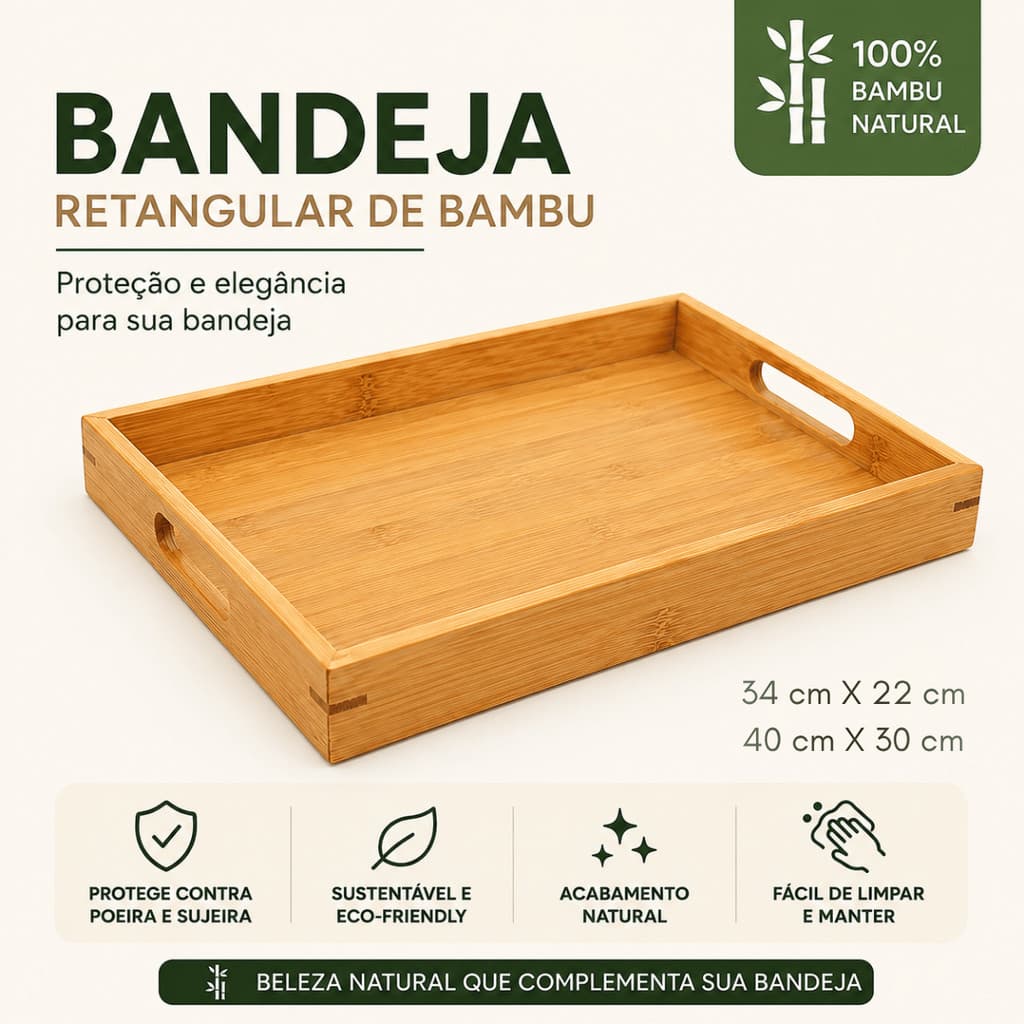 Bandeja Retangular de Bambu com Alça Reta 40x30 / 34x22 Multiuso Petisqueira Kit Servir Café Manhã Chá Decorativa Grande
