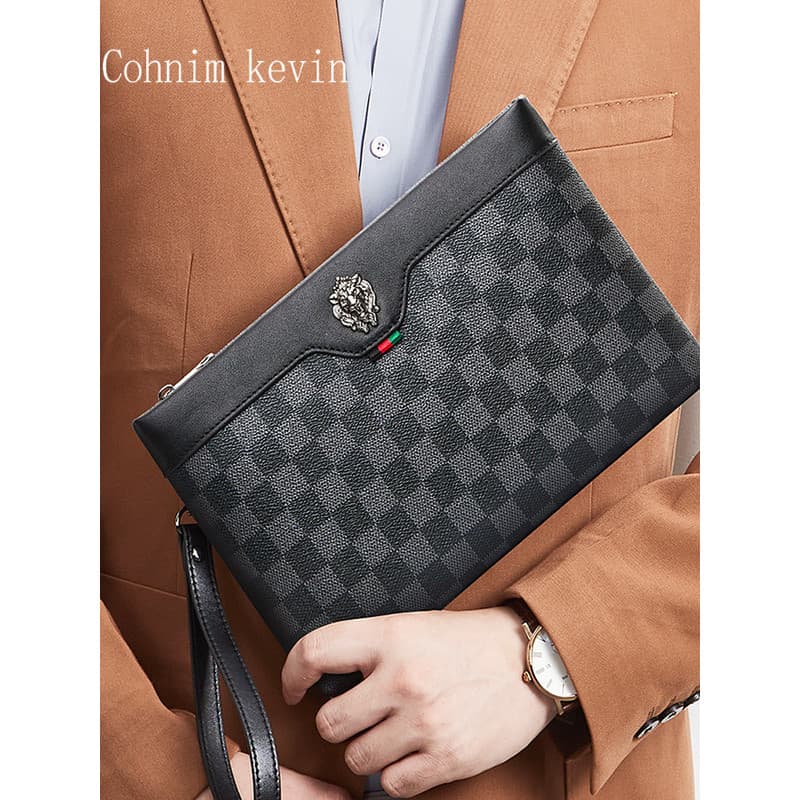 Bolsa de embreagem masculina de couro genuíno, bolsa elegante com clipe de grande capacidade, bolsa de embreagem Casual,