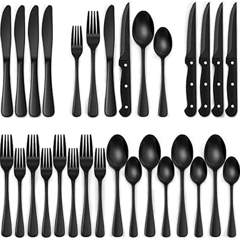 Conjunto De Talheres Pretos De 24 Peças EWFEN Com Facas De Bife , Para 4 De Aço Inoxidável De Qualidade Alimentar , Conj