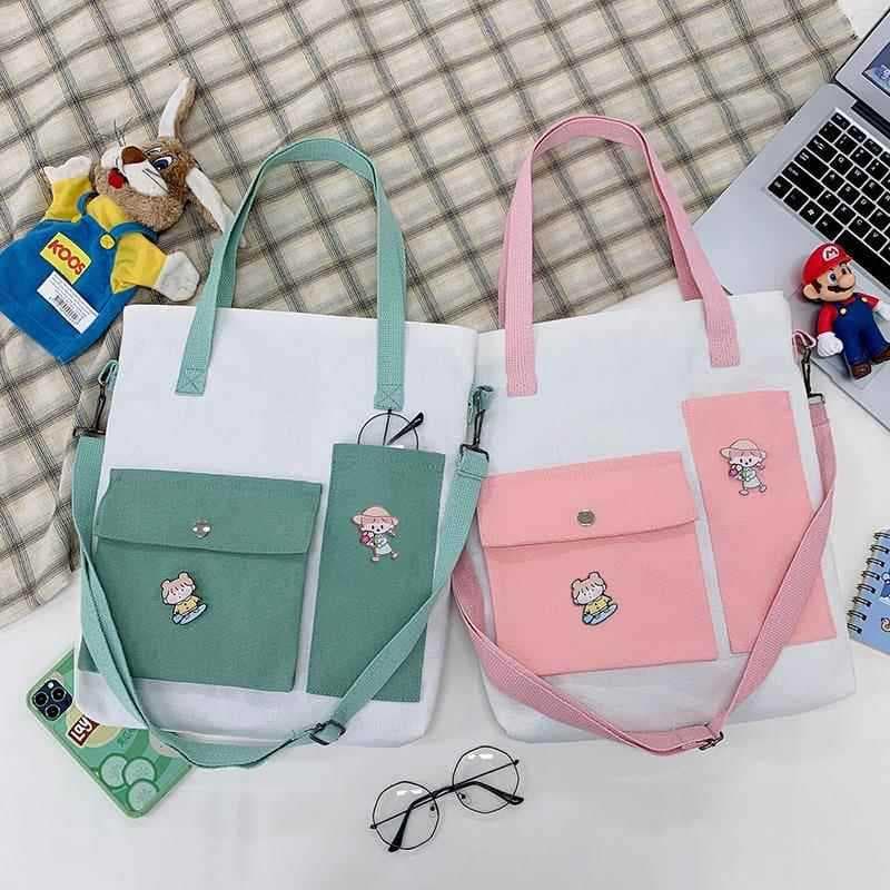 Bolsa de lona feminina estudante de um ombro mensageiro Tutorial saco versão coreana ins simples contraste de grande cap