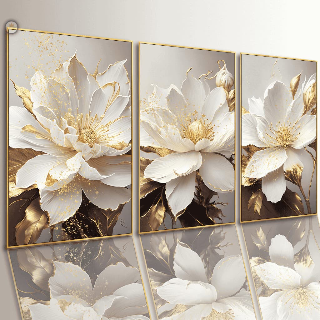 Quadros Decorativos Flor Dourada e Branca Moderna 3 Peças Luxo Sala Quarto