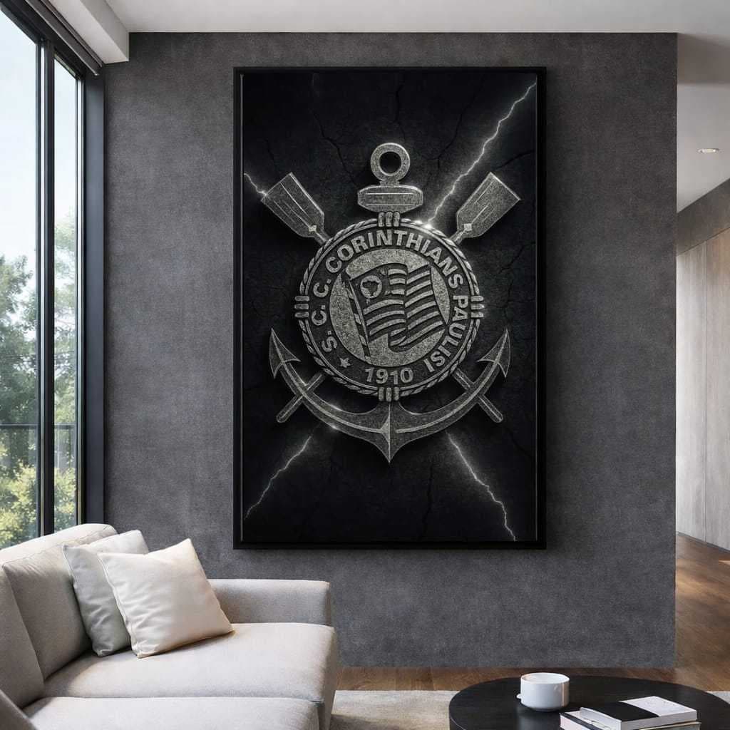 Quadro Decorativo Corinthians Escudo Preto Arte Esportiva Moderna