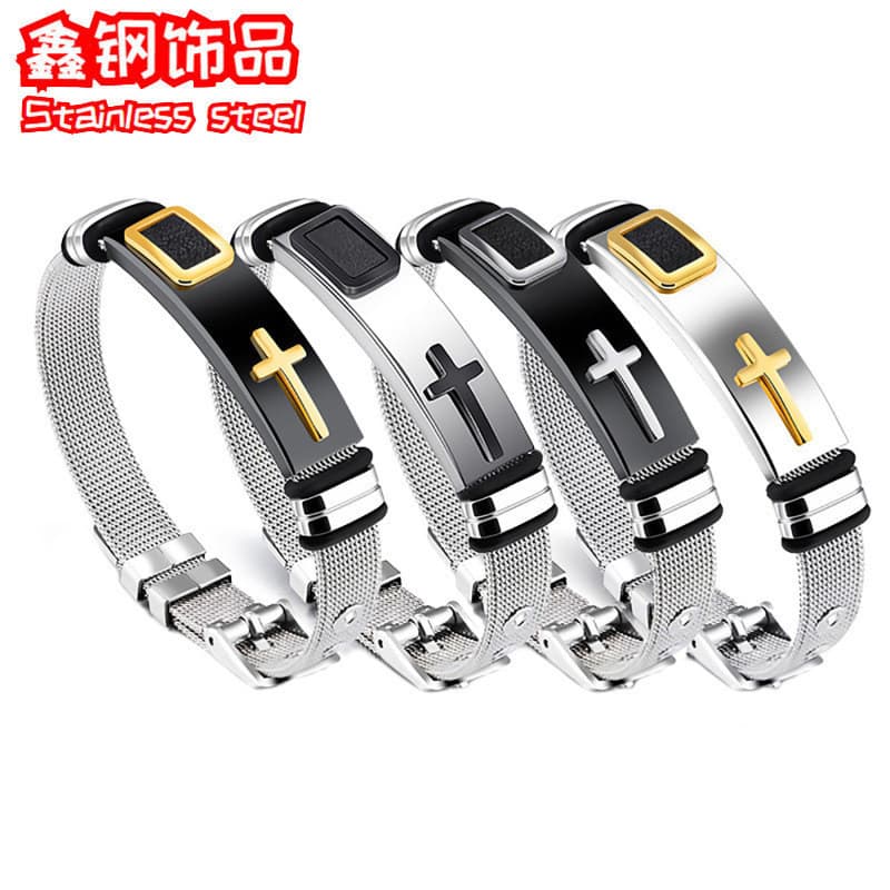 Pulseira de cruz, pulseira de malha ajustável em aço inoxidável, joia popular para casais.