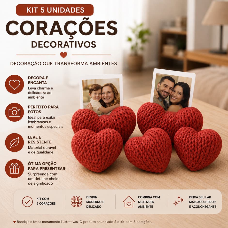 Porta Fotos Coração Vermelho Tricô Kit 5pçs  -  Porta Recados - Cartão Decorativo Mesa