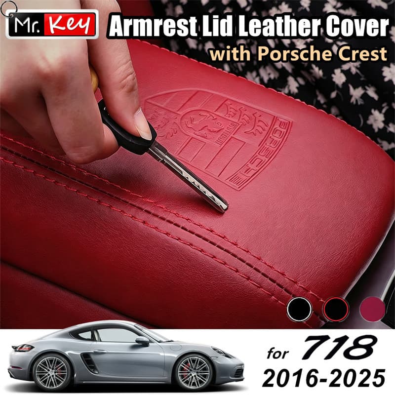 [Mr.Key] Para Porsche 718 Capa De Apoio De Braço De Couro Com Protetor De Console Personalizado Crest Em Relevo