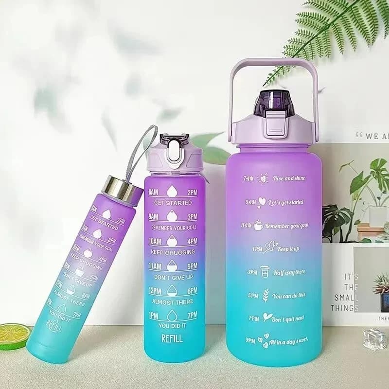 Kit 3 Garrafa De Água Squeeze Academia 2 Litros 1 Litro e 500ML Galão Portátil Motivacional