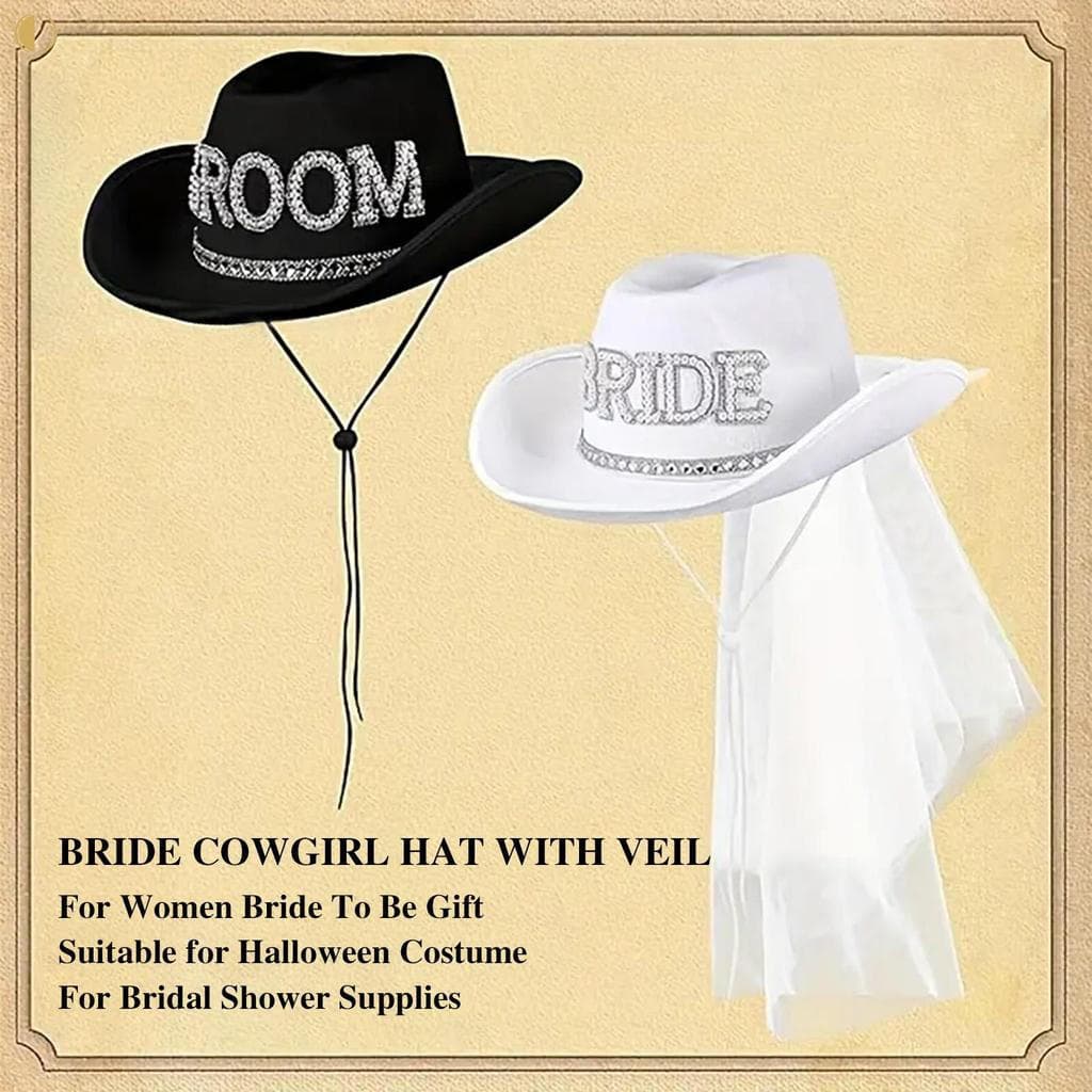 Chapéu De Cowboy Com Véu Branco , Decoração De Chá De Panela De Casamento Para Mulheres , Noiva , Presente Ser