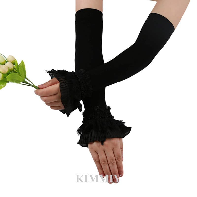 KIMMIY FAUSE 1 Par De Luvas Longas Sem Dedos De Seda Gelada Da Moda Para Mulheres De Renda Elástica 40 Cm Protetor Solar