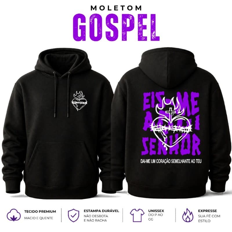 Moletom Gospel Eis Me Aqui Senhor Estiloso Confortável Canguru Unissex Com Capuz