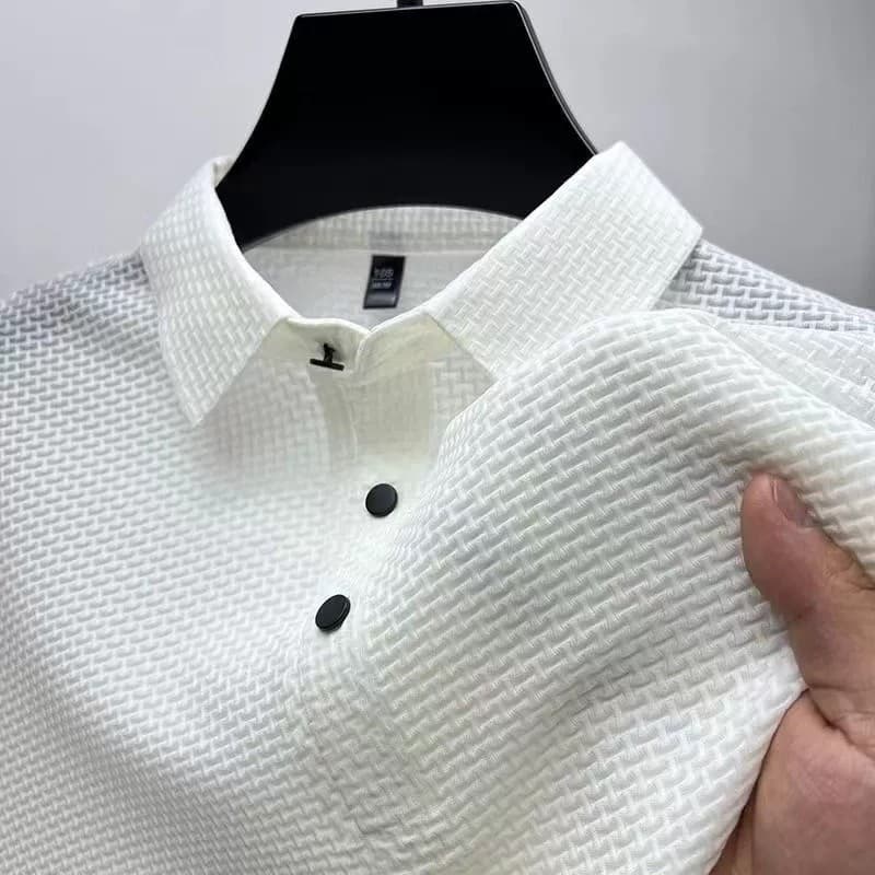 Camisa Polo de seda gelo manga curta camiseta masculina verão lapela Casual camiseta gola alta respirável gelo meia mang