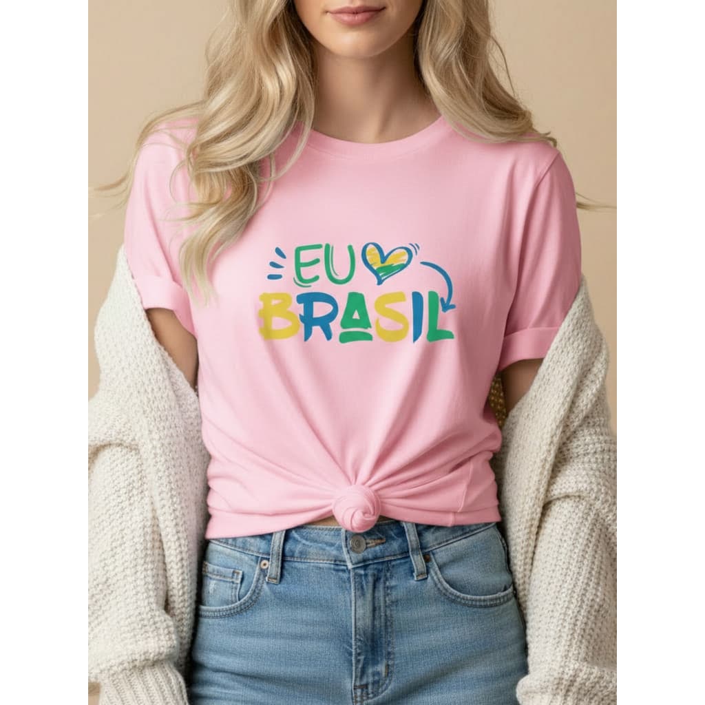 Camiseta Feminina EU Amo Brasil Casual Básica Manga Curta Algodão Premium Copa do Mundo coração Love