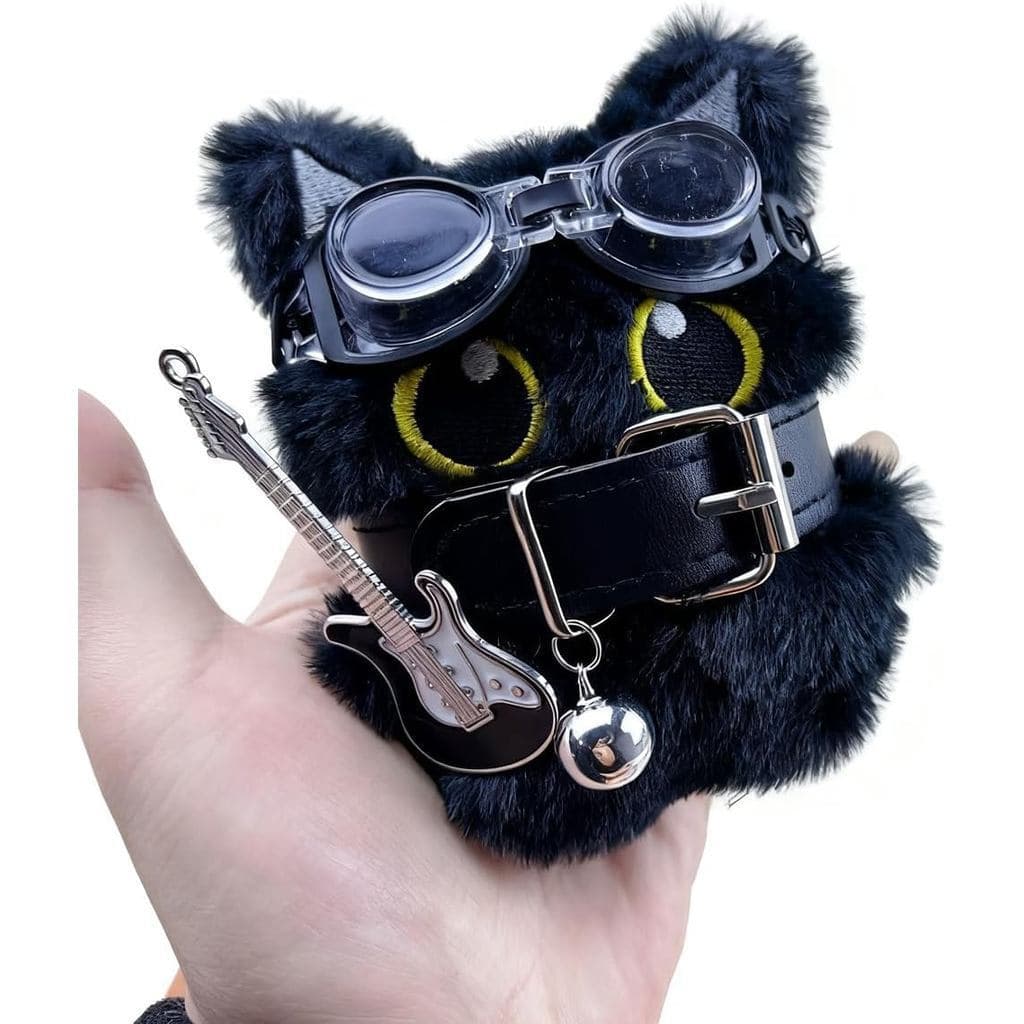 Chaveiro De Pelúcia Fofo Punk Rock Gatinho-Gato Preto Com Guitarra E Colar , Pingente De Bolsa Nervosa Para Amantes De M